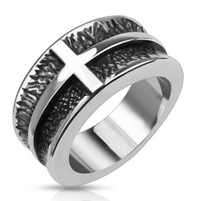 Heavy Cross - Black oxidized stainless steel cross concave band his and hers ring