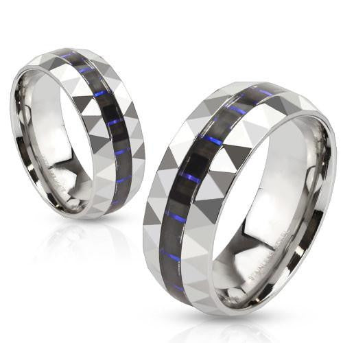 Elevate - FINAL SALE Black and blue carbon fiber inlaid prism faceted stainless steel his and hers ring