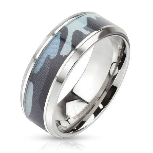 Camo Ammo - FINAL SALE Blue camouflage inlaid beveled edge stainless steel ring