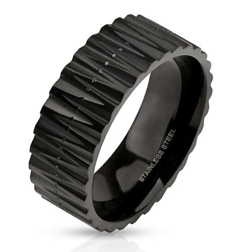 Primal - FINAL SALE Zig zag cut carved matte black IP stainless steel ring