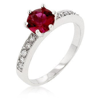 Garnet Queen - FINAL SALE Rhodium Plated Brass Engagement Ring With Round Cut Garnet Colored Stone