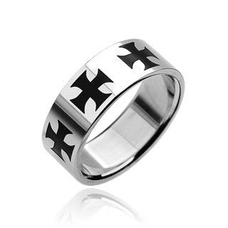 Crucifixo - FINAL SALE Celtic Revival Design Stainless Steel and Black Center Crosses Ring