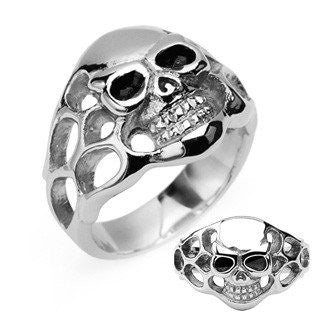 Skullfire - FINAL SALE Classic Biker-Style Stainless Steel Skull with Side Flames Silver and Black Ring