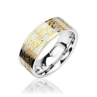 Fire Tribal – FINAL SALE Classy High Shine Stainless Steel and Intricate Gold Tribal Design Ring
