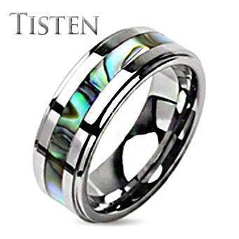 Neptune – Abalone inlayed center groove bevelled edge his and hers Tisten ring