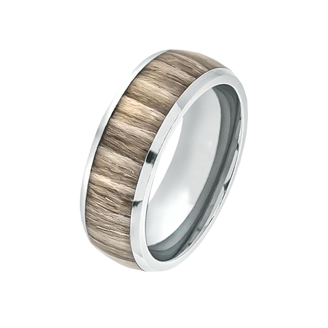 Rustico - Men's High Polished Domed Titanium Ring with Ashen Zebra Rosewood Inlay