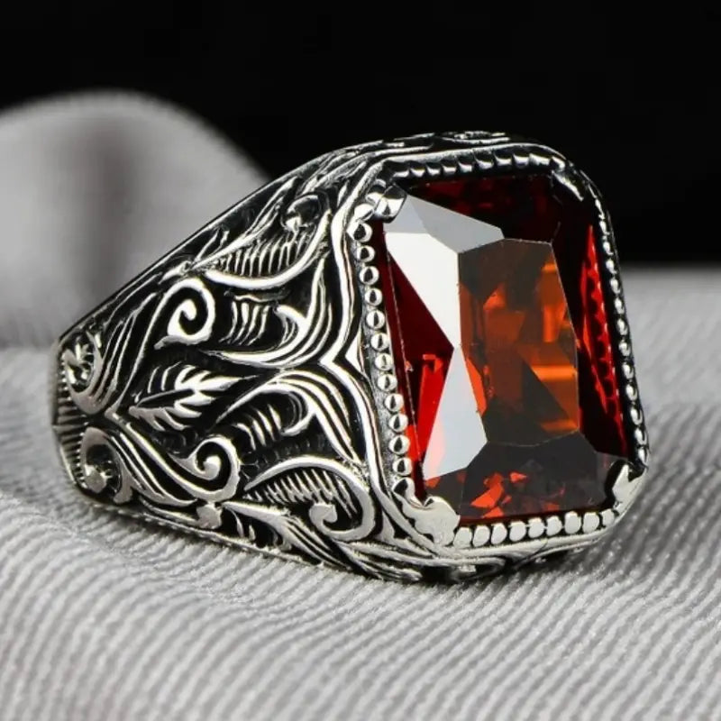 Steel Tiger Eye - Men's Stainless Steel Synthetic Topaz Grey IP Ring
