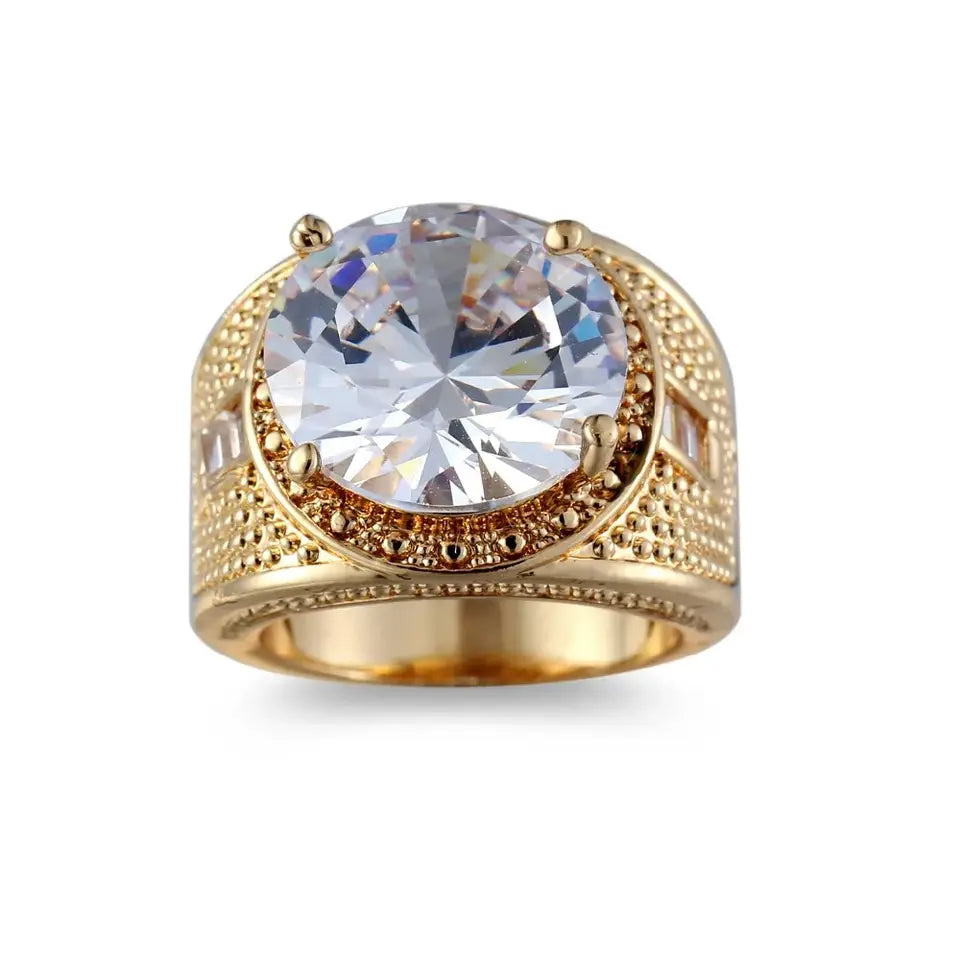 Lucky Sevens - Men's 7 Black CZ Stone Stainless Steel Gold IP Ring with Beveled Edges