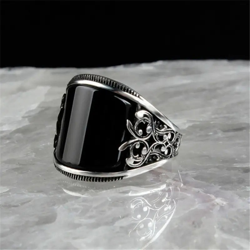 Steel Cable - Men's Stainless Steel Matte Black Ring With Steel Cables on Both Sides
