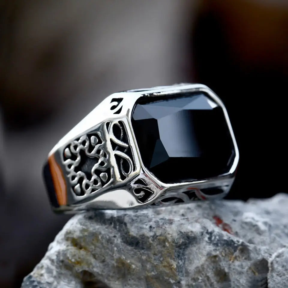 Resilient 8mm- Black Ion Plated Stainless Steel Ring With Rectangular Black Gem