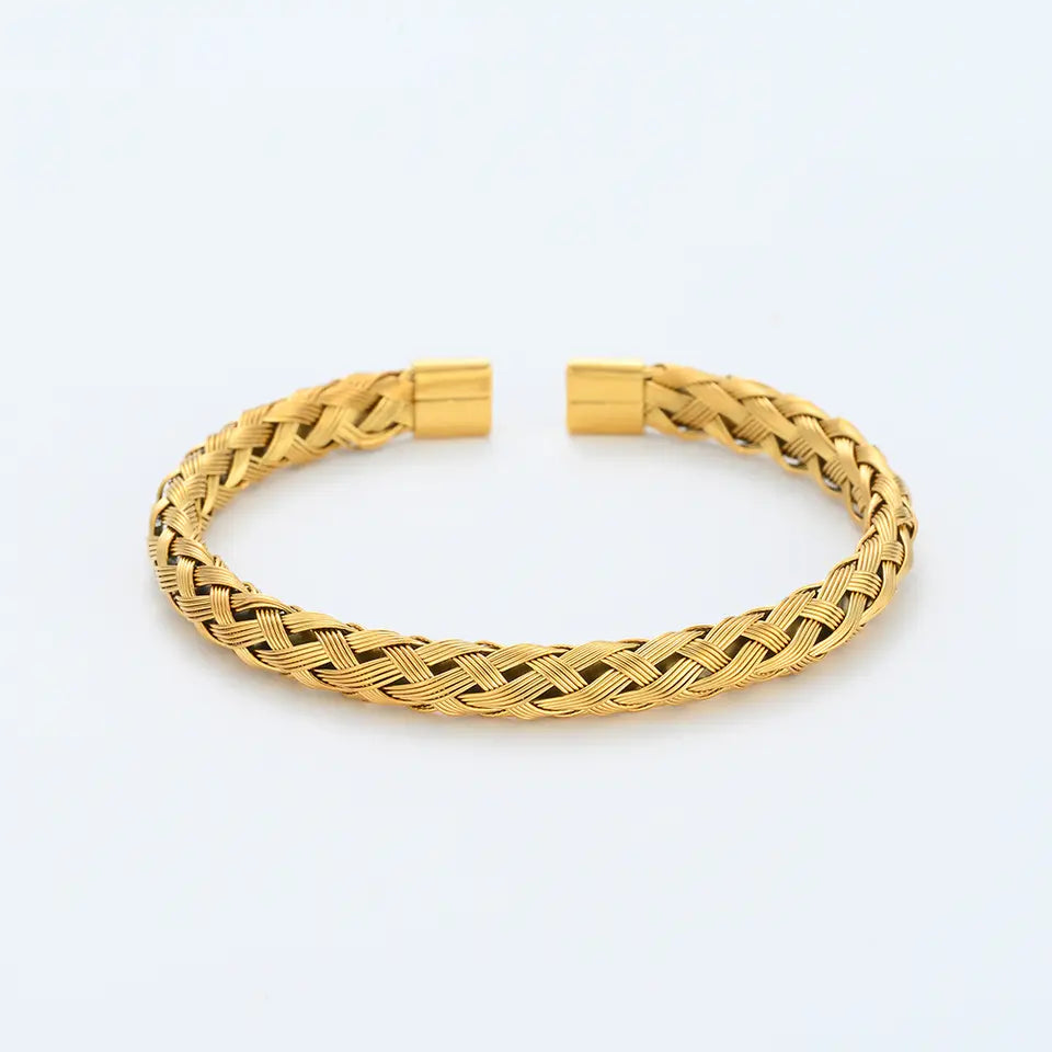 Only You In Gold Bracelet - Bezel Set Round CZ on Stainless Steel IP Hinged Bangle Bracelet
