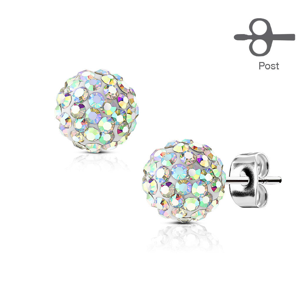White Crystal Ball Earrings - Stainless Steel White Crystal Stud Earrings
