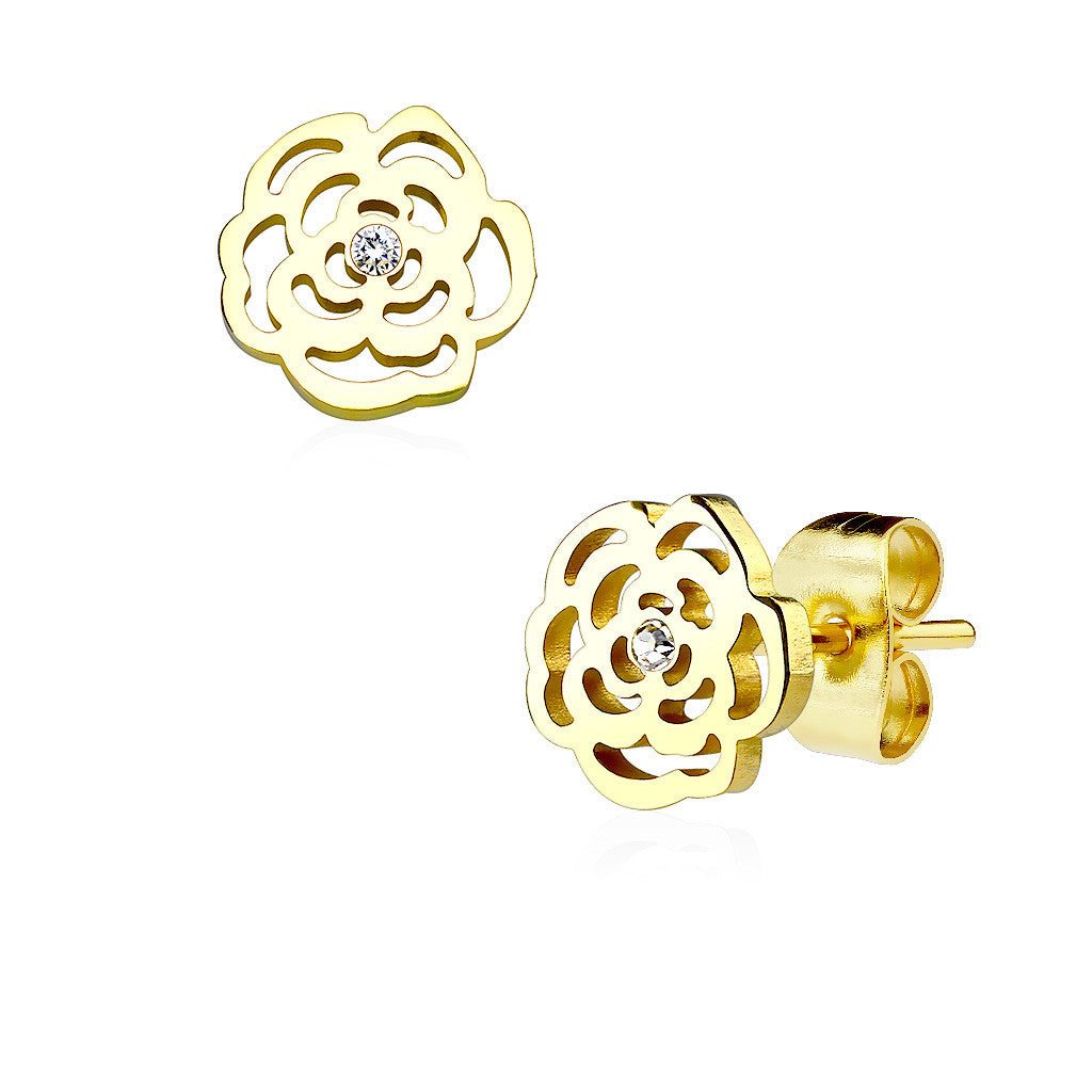 Gold Rose Blossoms - Gold IP Stainless Steel Rose Shaped Stud Earrings