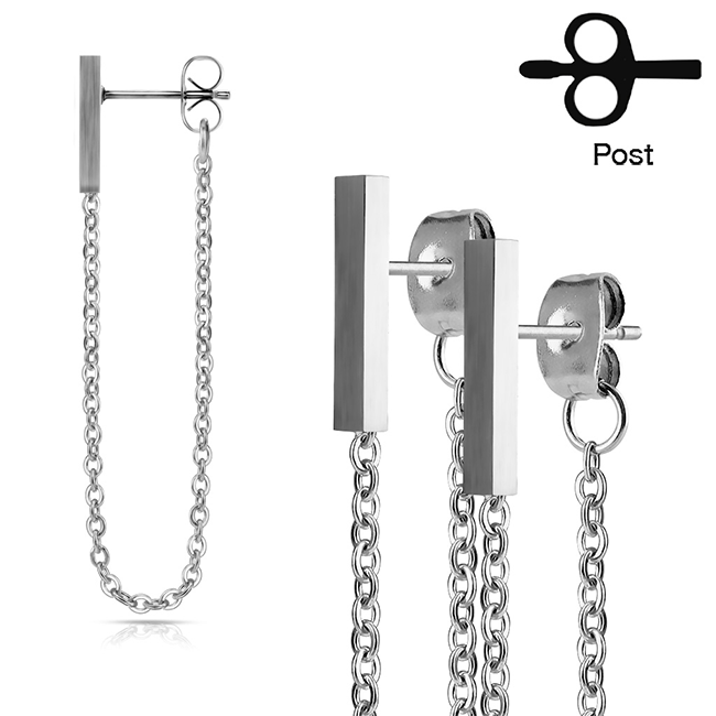 Lovely Links - Women's Connected Chain Long Square Bar Stainless Steel Stud Earrings Rings