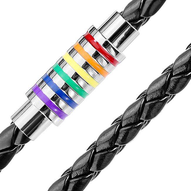 Unified - Black Braided Leather Necklace with Magnetic Rainbow Striped Closure