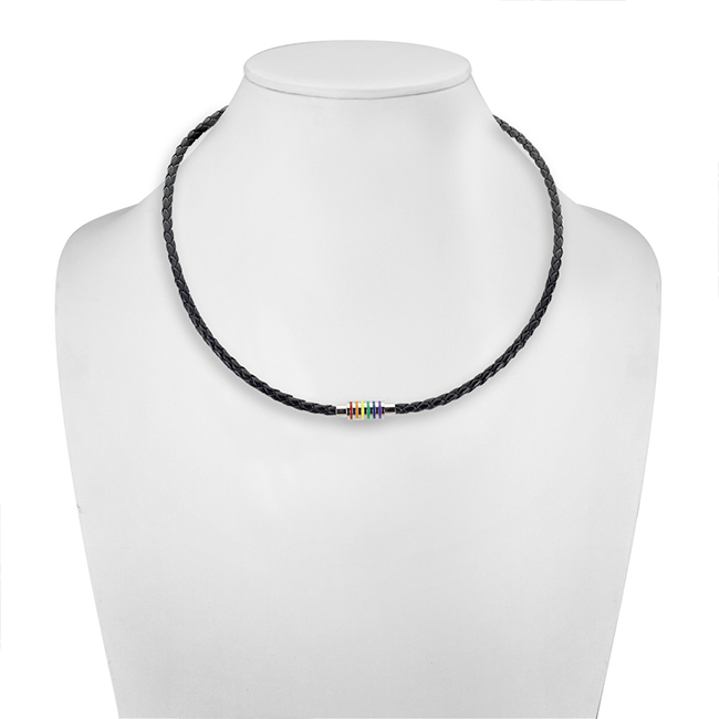 Unified - Black Braided Leather Necklace with Magnetic Rainbow Striped Closure