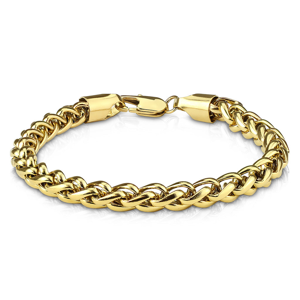 Gold Spiga Chain Bracelet - Round Stainless Steel Gold Ion Plated Spiga Detailed Men's Bracelet