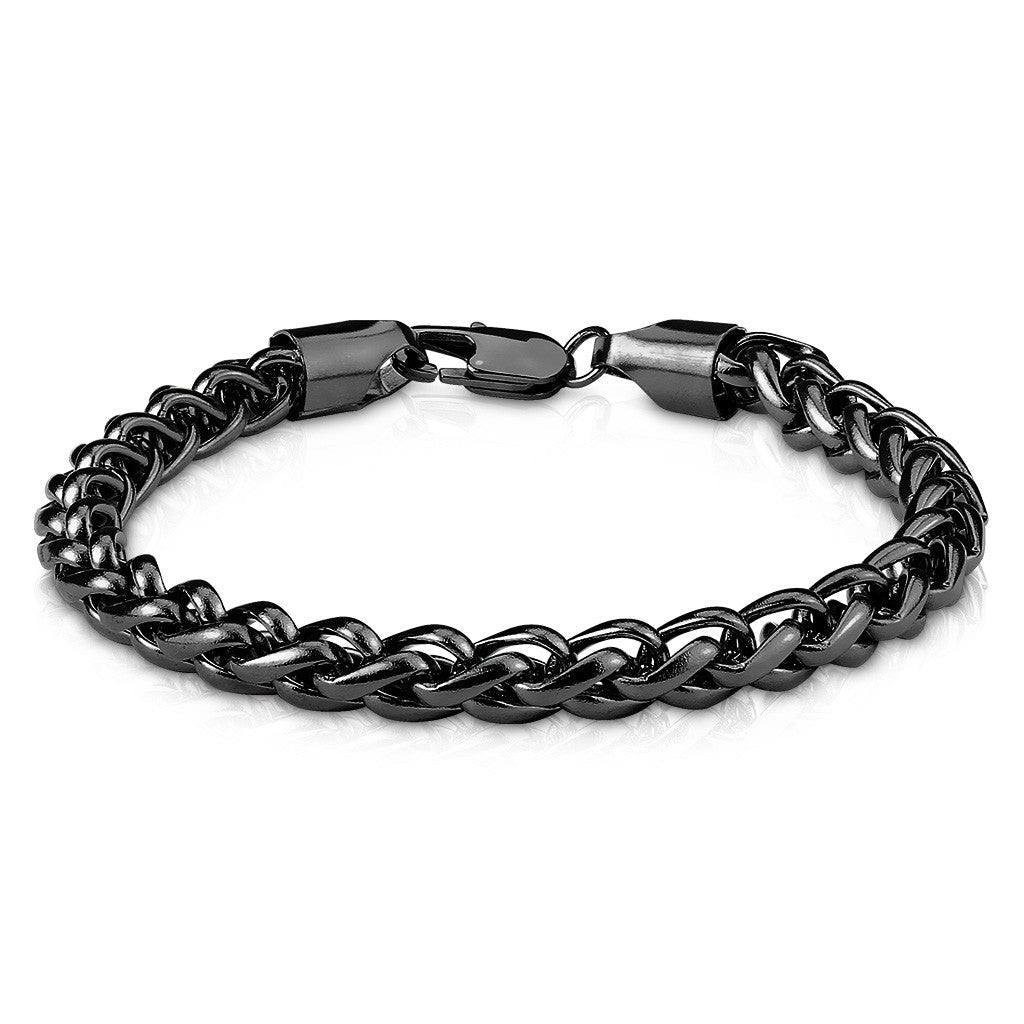 Black Spiga Chain Bracelet - Round Stainless Steel Spiga Detailed Men's Bracelet