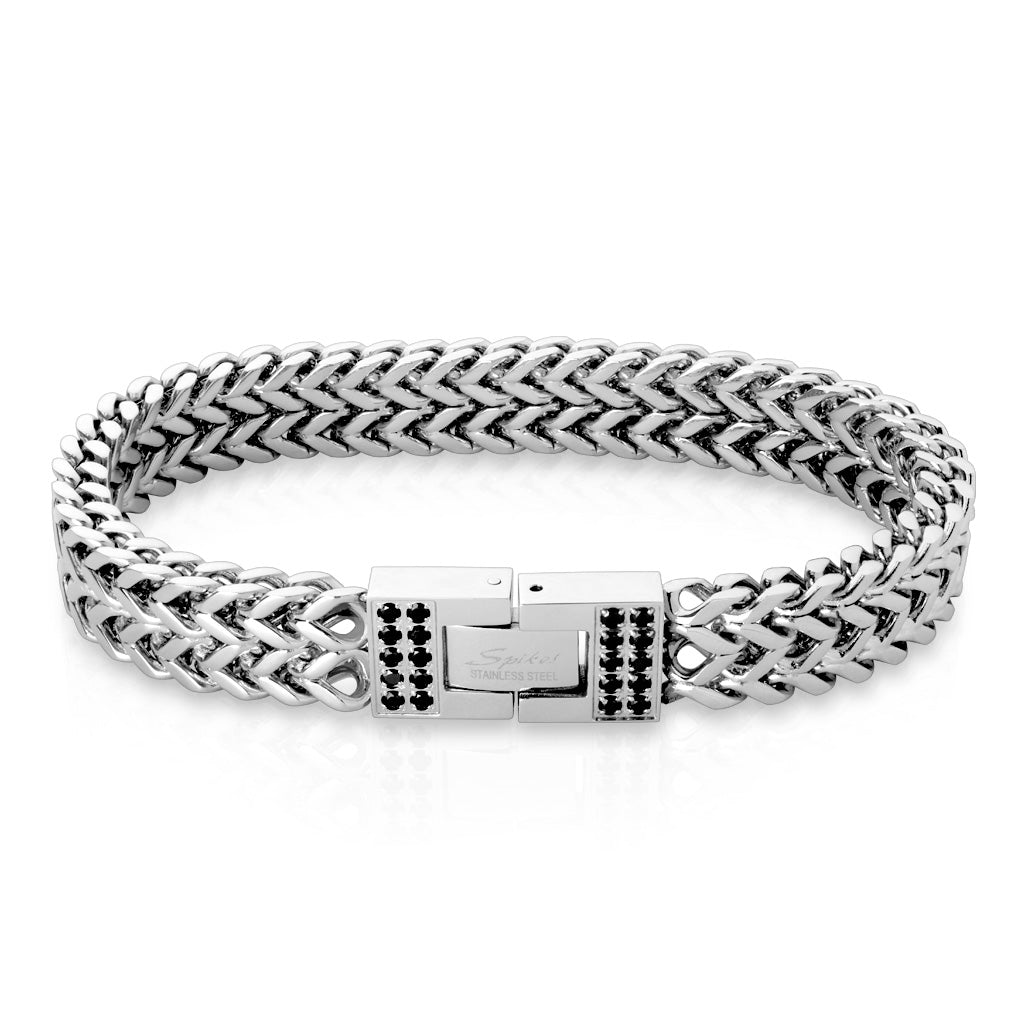 Double Chevron - Unisex Stainless Steel Italian Chain Bracelet With Black CZ Set Clasps
