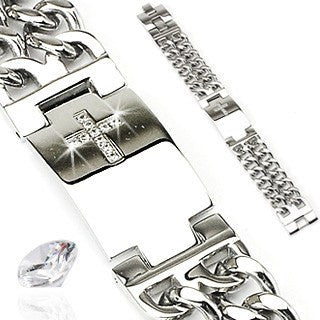 Faith In Me - Complete and Perfect with Gem Paved Cross Plate and Double Chains On Each Side Stainless Steel Bracelet with CZ