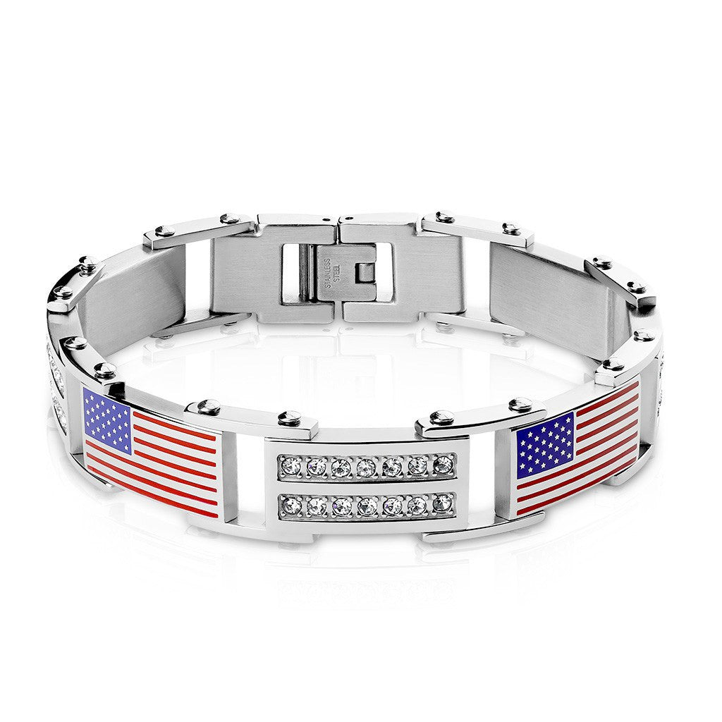 Patriotic Shine - Stainless Steel American Flag And CZ Stone Link Bracelet