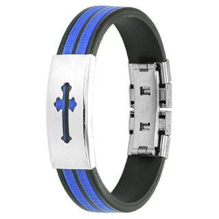 Cross Stripe - Blue Stripe Stainless Steel ID Plate with Cross Rubber Bracelet