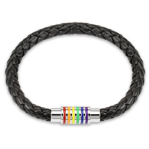 Unity - Black leather braided bracelet stainless steel with pride rainbow colors on magnetic clasp