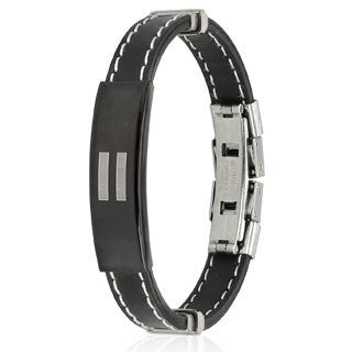Equality - Equal symbol black rubber and stainless steel ID bracelet with white stitching