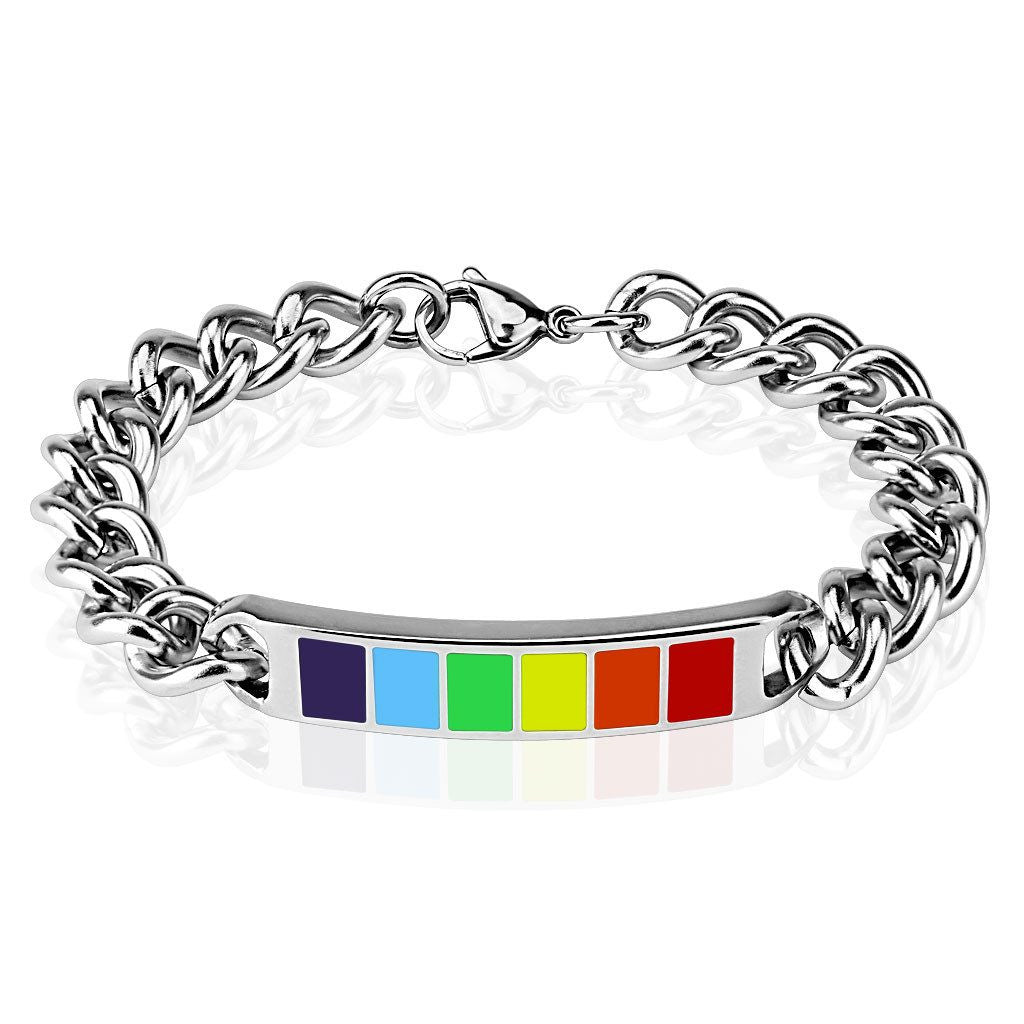 Strength In Pride - Stainless Steel Chain Bracelet With A Rainbow Enamel Plate
