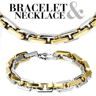 The Champion Set - Solidly Interlocking links Gold and Stainless Steel Bracelet and Necklace Set