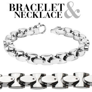 Uptown Set – Polished silver stainless steel oval in square link necklace and bracelet set N25-B49