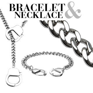 Under Arrest Set - Fun novelty silver stainless steel handcuff design necklace and bracelet set N9-B23