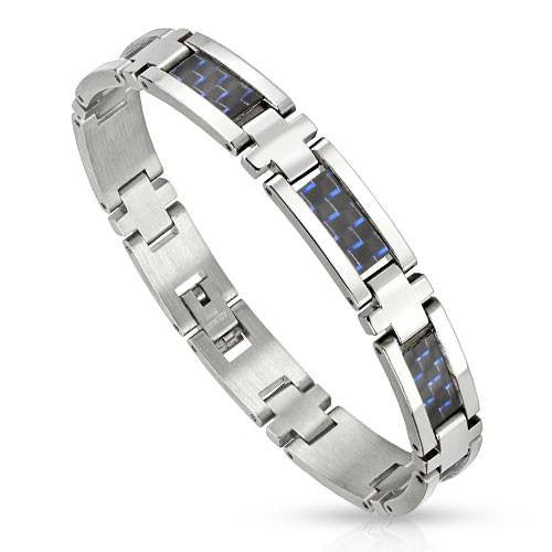 Blue Checkers Bracelet - Stainless Steel Carbon Fiber Link Bracelet