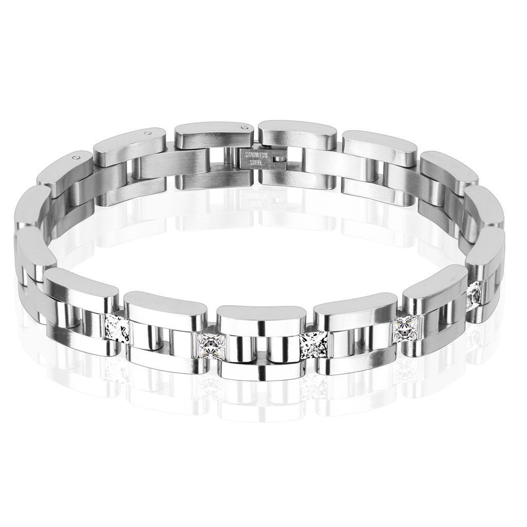 Beaming Shine - Five Square CZ Chain Linked Stainless Steel Men's Bracelet