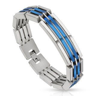 Powerhouse Blue - Heavy Linked Industrial Two Tone Blue Silver Multi Layered Stainless Steel Segmented Bracelet