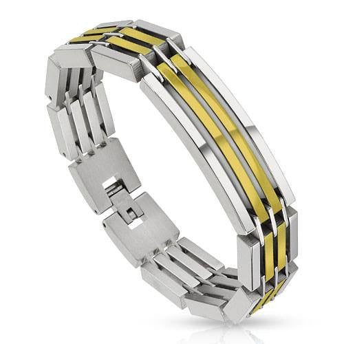 Powerhouse Gold - Heavy linked industrial silver and gold IP segmented stainless steel bracelet