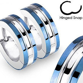Feminine Spirit - Blue Skies Unique Industrial Modern Style Stainless Steel Hinged Hoop Earrings with Blue Edges