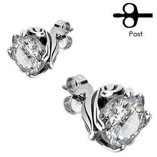 Sparkle Flowers - Round cut white cubic zirconia solitaires set in surgical stainless steel floral budsstud earrings