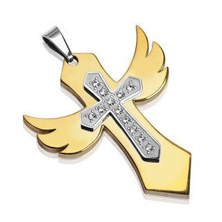 You Raise Me Up - Unique Winged Cross Golden and Stainless Steel Pendant