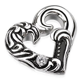 Romantic Notion - FINAL SALE Gorgeous Half Vine Casted Heart with Large Single Gem In The Middle Stainless Steel Pendant
