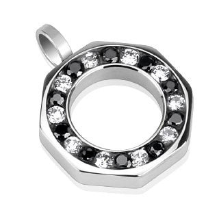 Wheel of Fortune - Black and white round cut cubic zirconia studded eternity circle pendant in stainless steel