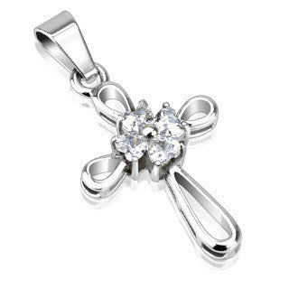 Faith and Luck - FINAL SALE Clover Hearts with Cubic Zirconia Stainless Steel Elegant Cross Pendant
