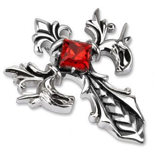 Crimson Cross Fleur De Lis - FINAL SALE In French Flower of Lily in Stainless Steel Sophisticated Design Cross with Red Princess-Cut Cubic Zirconia