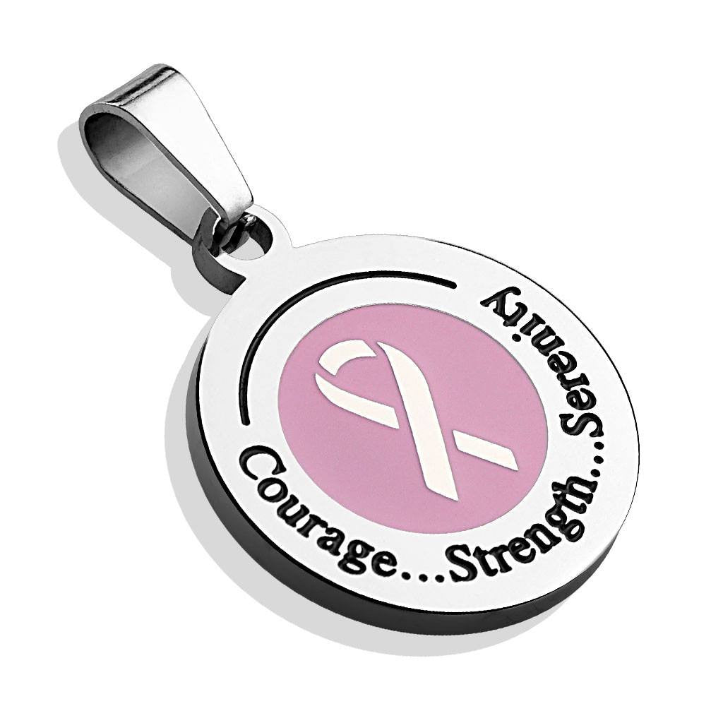 Courage Strength Serenity - Pink Ribbon Stainless Steel Pendant