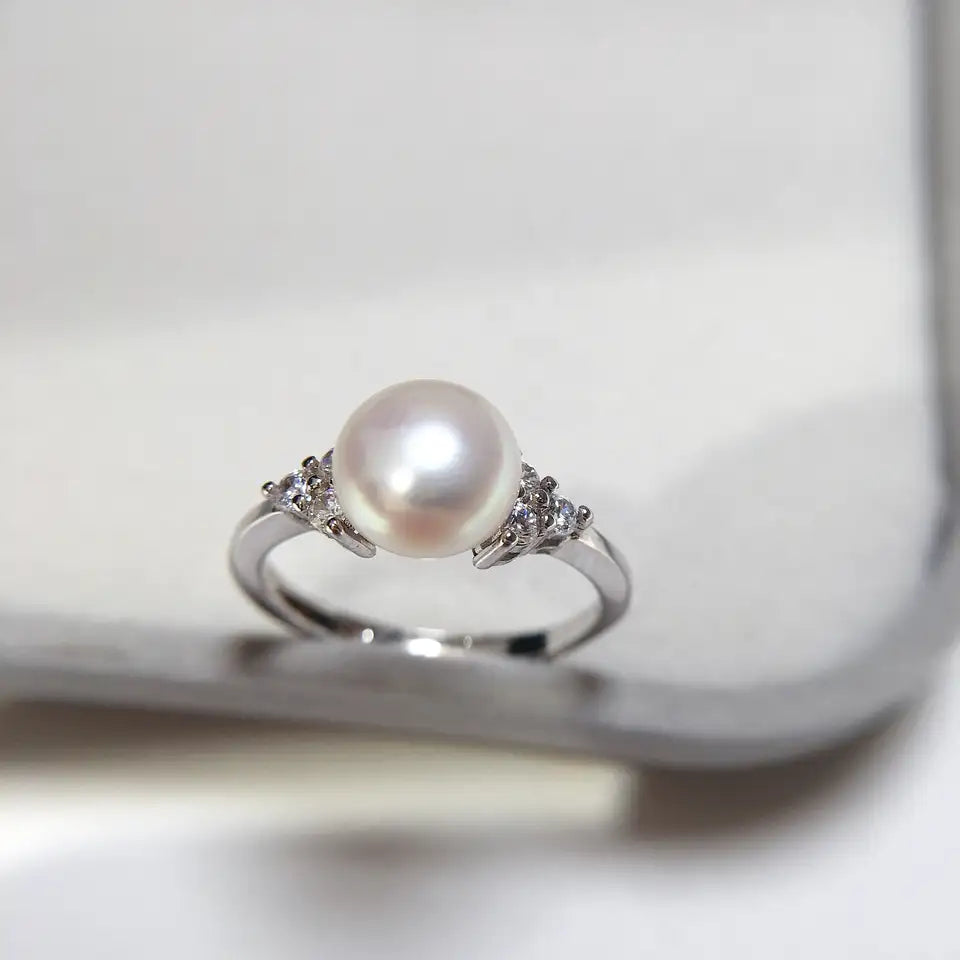 Wilhelmina - Women's Stainless Steel Gold IP Pearl And Clear CZ Ring
