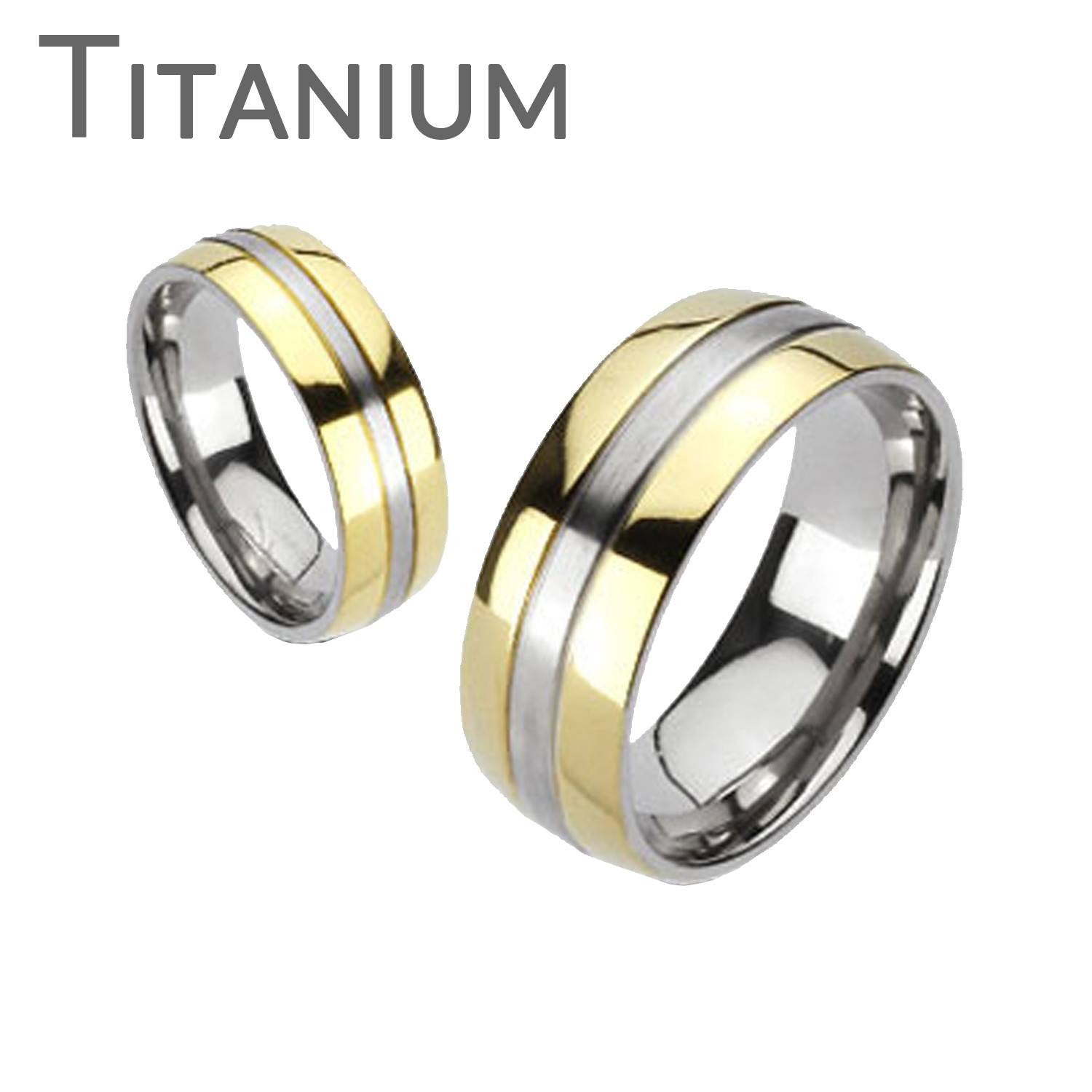 Sophistication – FINAL SALE Brushed Finish Silver Two-Tone Gold Double Band Titanium Ring