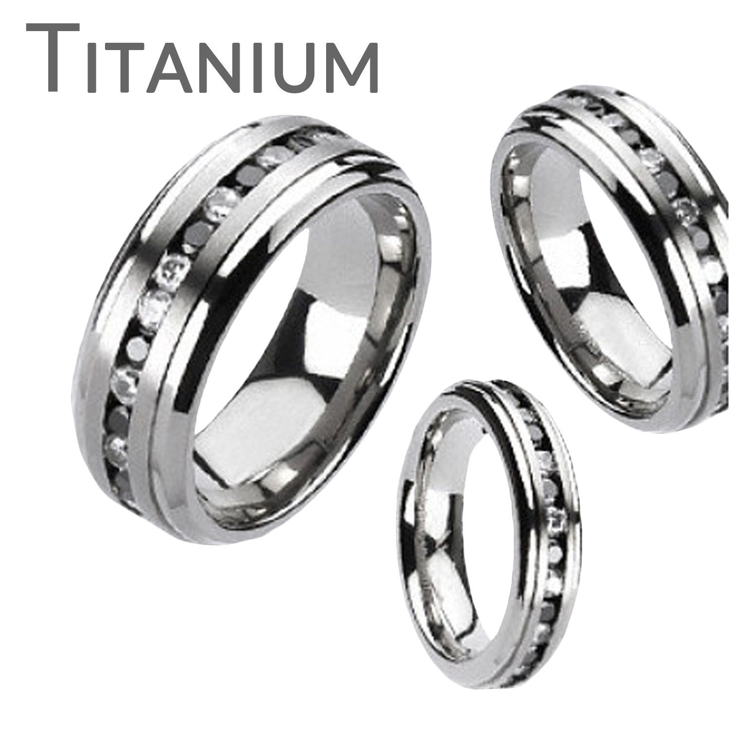 Starry Night - LIMITED QUANTITY Glossy Finish Titanium Comfort Fit Couples Ring with Clear and Black Gem Stones Center Band