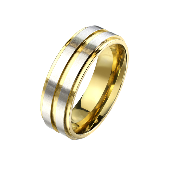 Synchronized in Gold - Unisex Brushed Center Stainless Steel Ring with Gold IP Groove