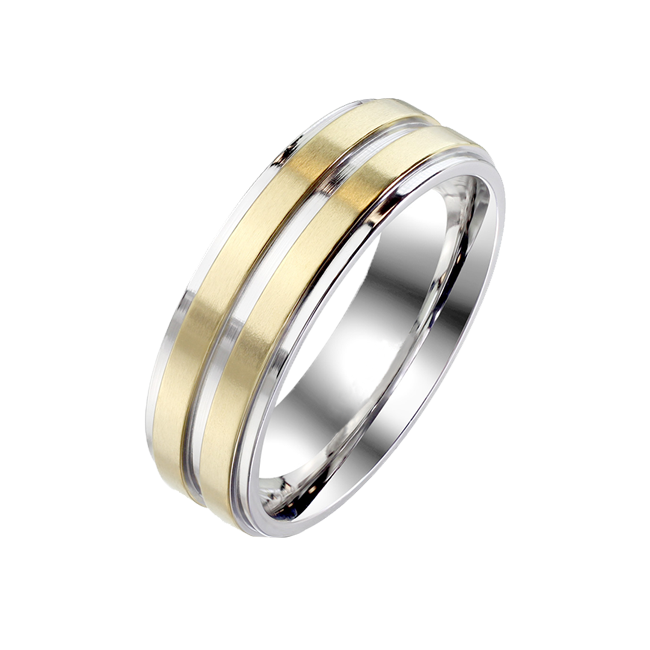 Synchronized in Steel - Unisex Gold IP Brushed Center Stainless Steel Ring with Steel Groove