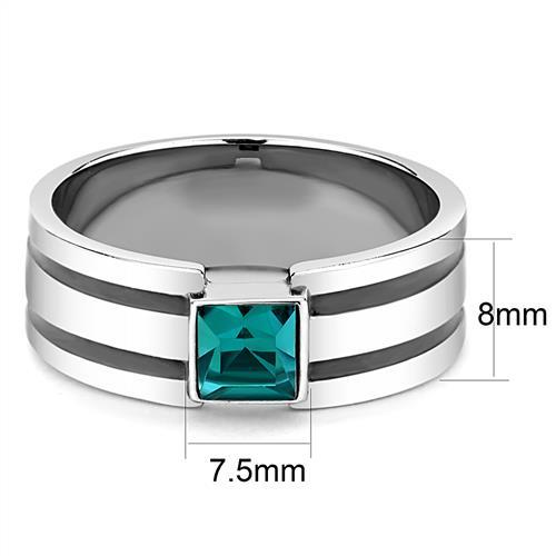 Charming Blue - Stainless Steel And Black High Polished Men's Ring With Blue Square Zircon Stone